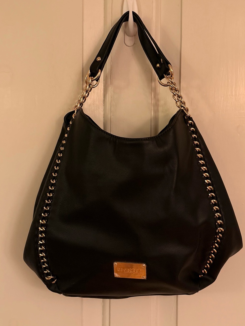 BEBE Colette Black Hobo Shoulder Bag Gold Chain Hardware Large Purse Tote NWOT